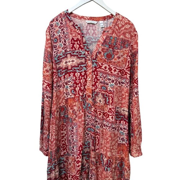 Denim & Co. Canyon Retreat Printed Tiered Midi Dress Size XL Rayon Coral Red - Picture 7 of 10